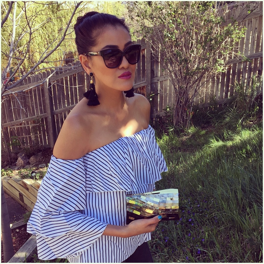 Black Striped Ruffle Off Shoulder Bell Sleeves Top